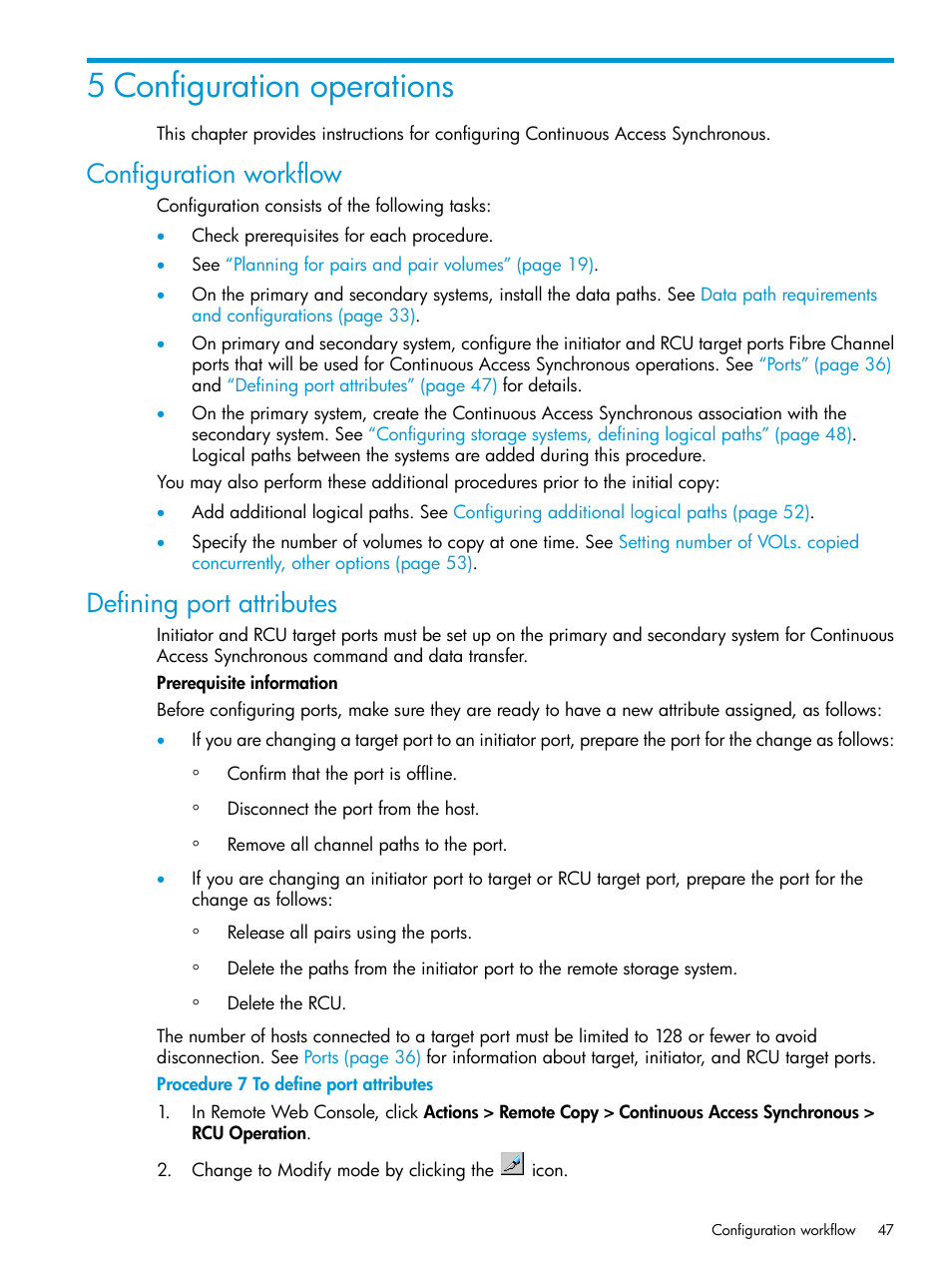 5 configuration operations, Configuration workflow, Defining port attributes | Configuration workflow defining port attributes | HP XP P9500 Storage User Manual | Page 47 / 131