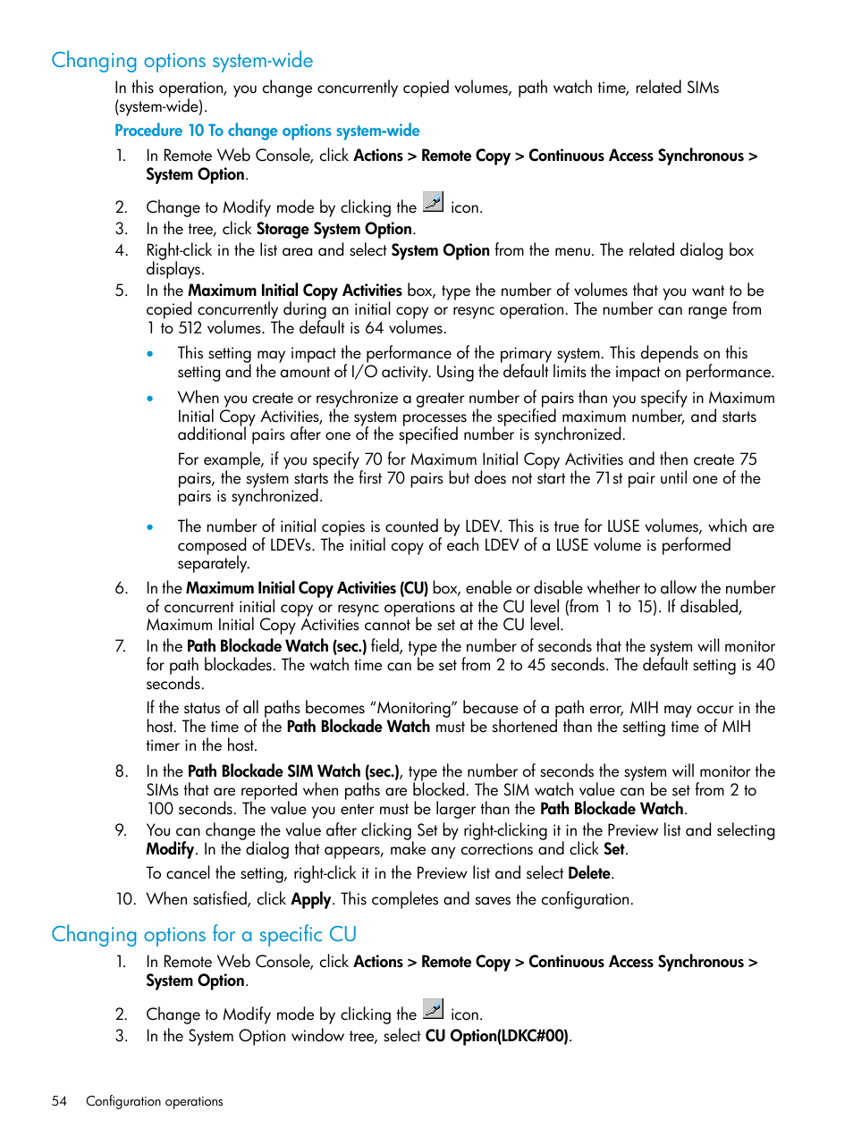 Changing options system-wide, Changing options for a specific cu | HP XP P9500 Storage User Manual | Page 54 / 131