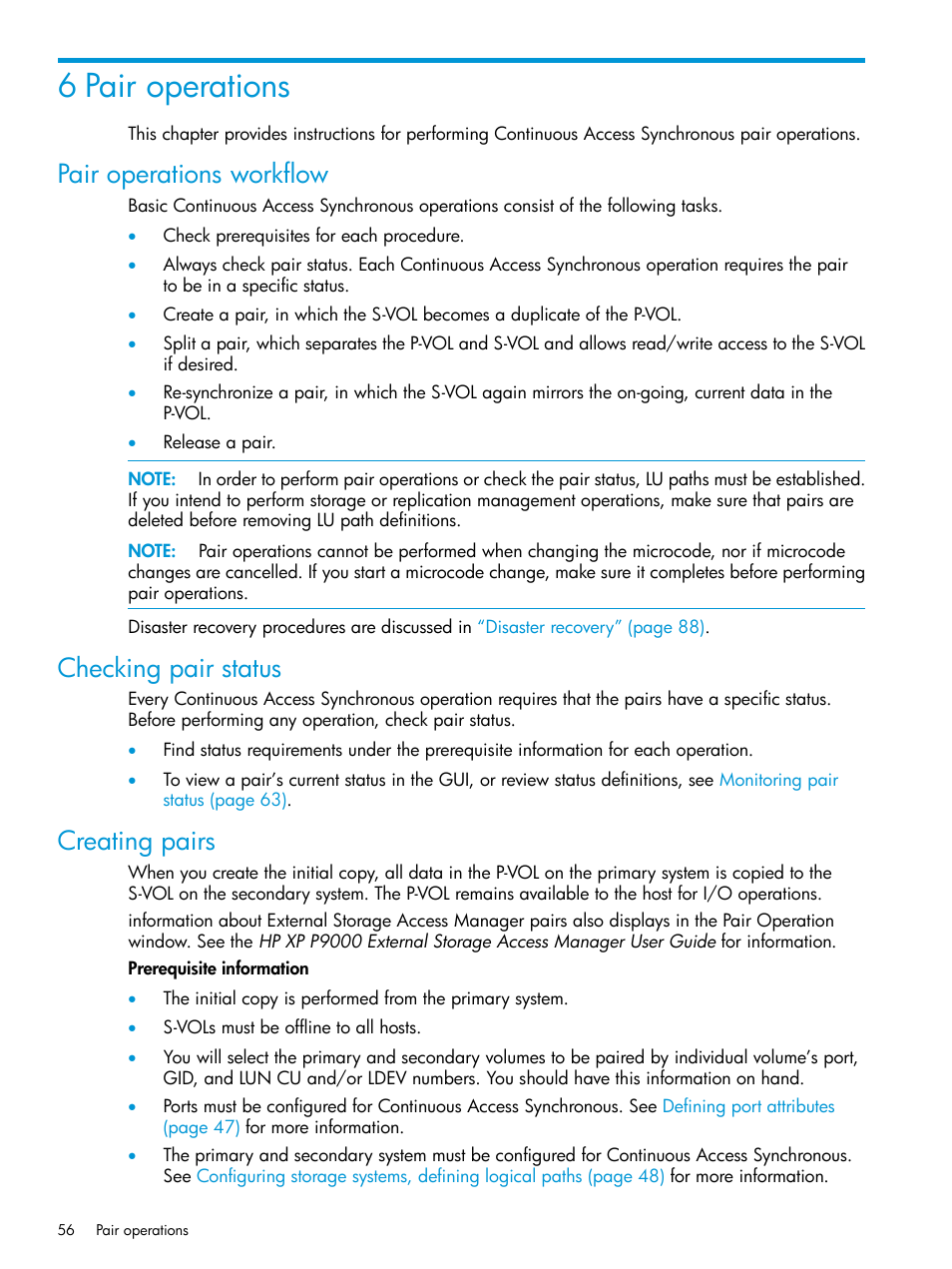 6 pair operations, Pair operations workflow, Checking pair status | Creating pairs | HP XP P9500 Storage User Manual | Page 56 / 131