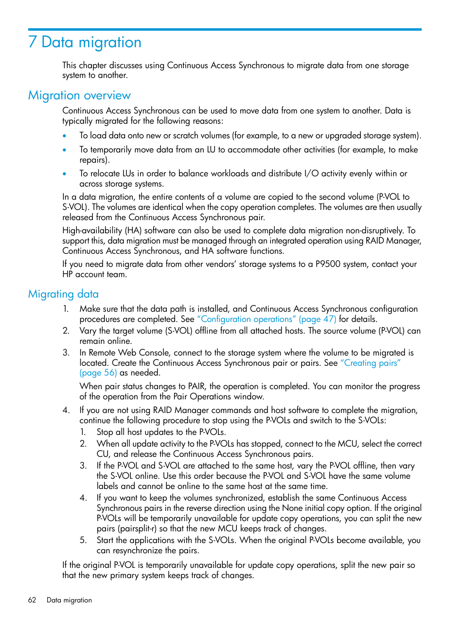 7 data migration, Migration overview, Migrating data | HP XP P9500 Storage User Manual | Page 62 / 131