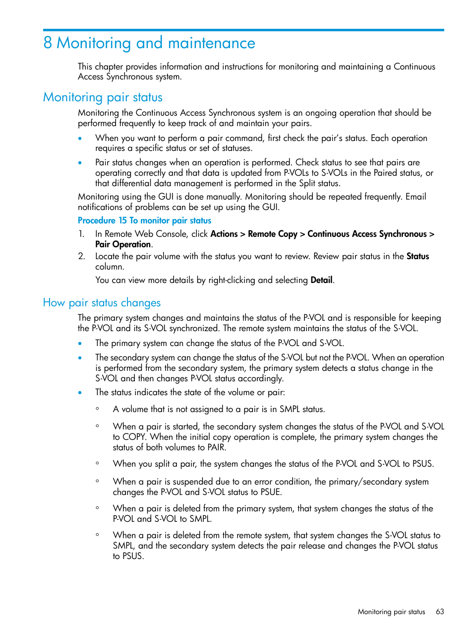 8 monitoring and maintenance, Monitoring pair status, How pair status changes | Monitoring pair | HP XP P9500 Storage User Manual | Page 63 / 131