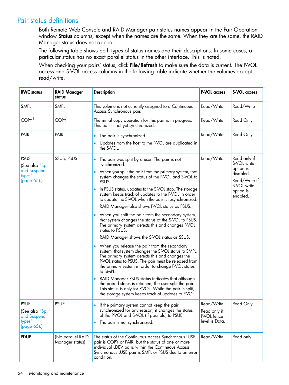 Pair status definitions | HP XP P9500 Storage User Manual | Page 64 / 131