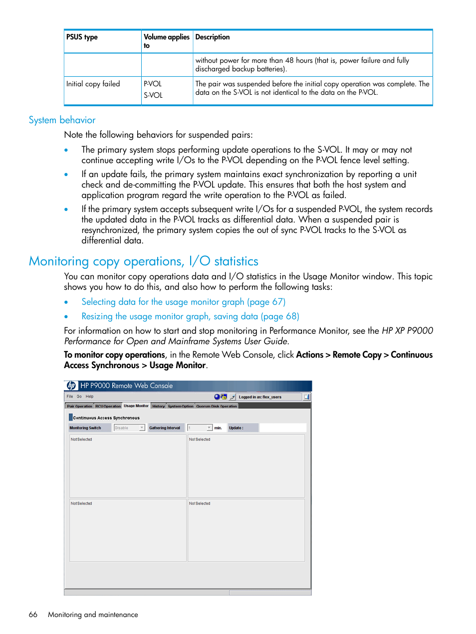 System behavior, Monitoring copy operations, i/o statistics | HP XP P9500 Storage User Manual | Page 66 / 131