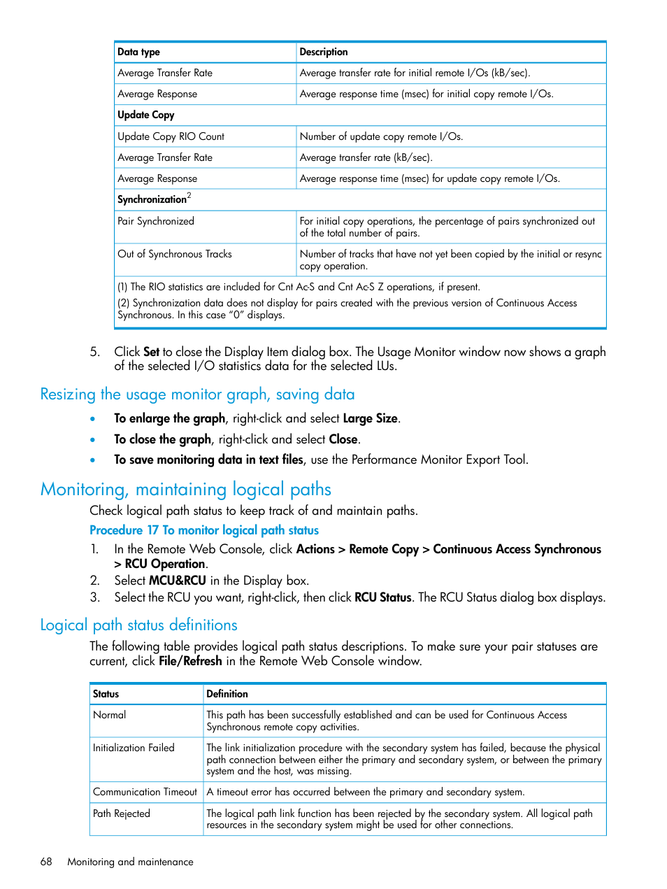 Resizing the usage monitor graph, saving data, Monitoring, maintaining logical paths, Logical path status definitions | HP XP P9500 Storage User Manual | Page 68 / 131