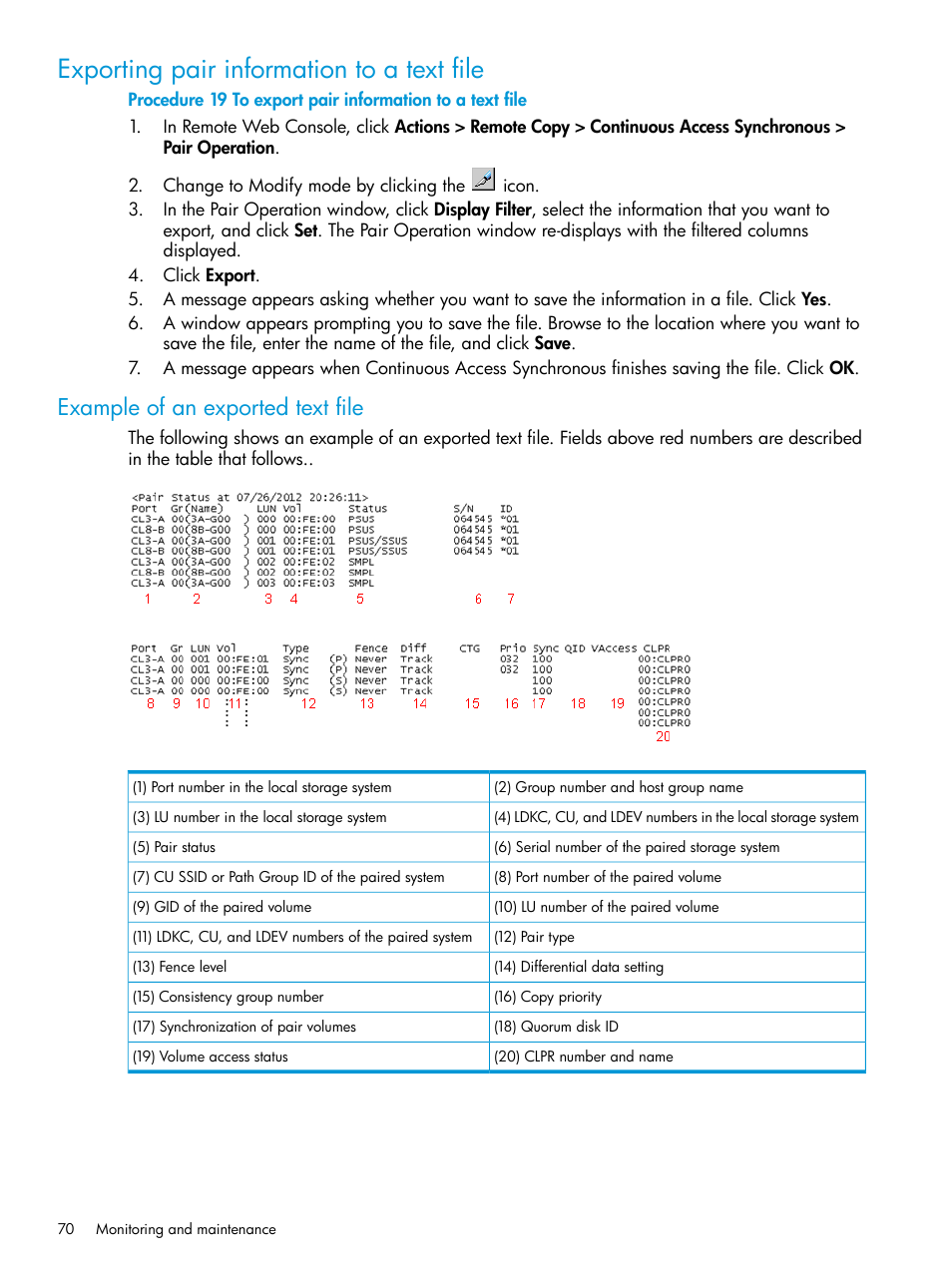 Exporting pair information to a text file, Example of an exported text file | HP XP P9500 Storage User Manual | Page 70 / 131