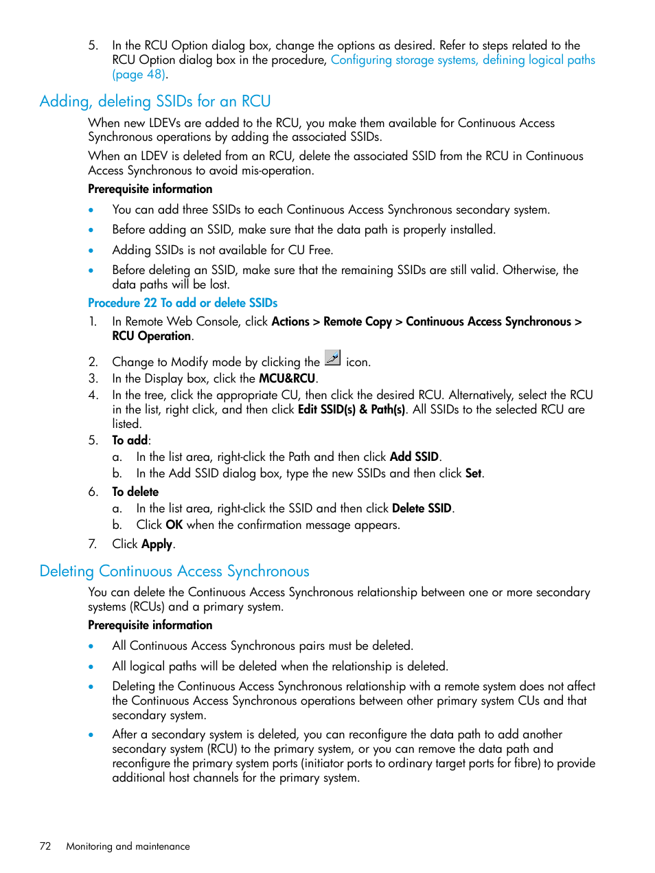 Adding, deleting ssids for an rcu, Deleting continuous access synchronous | HP XP P9500 Storage User Manual | Page 72 / 131