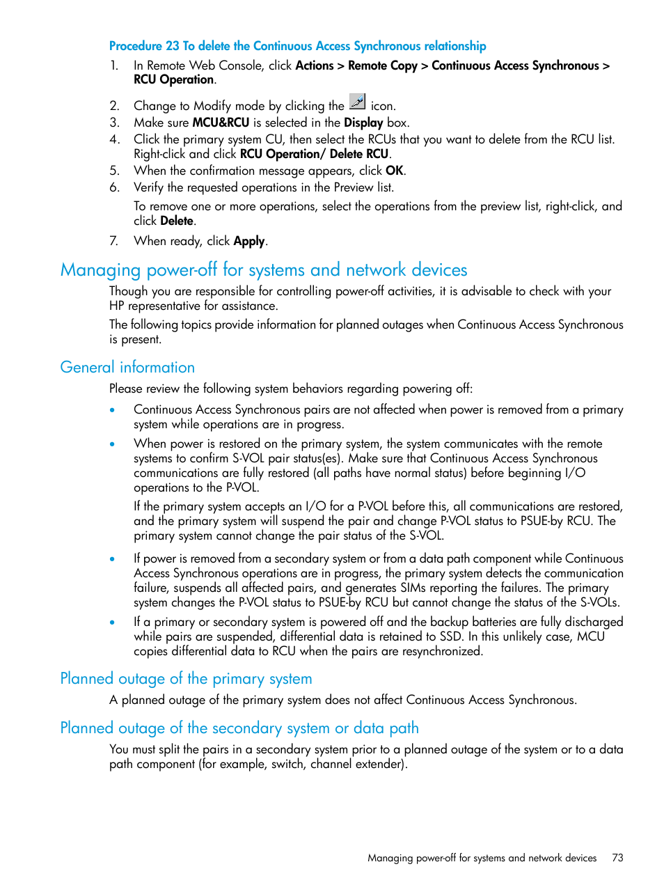 Managing power-off for systems and network devices, General information, Planned outage of the primary system | HP XP P9500 Storage User Manual | Page 73 / 131