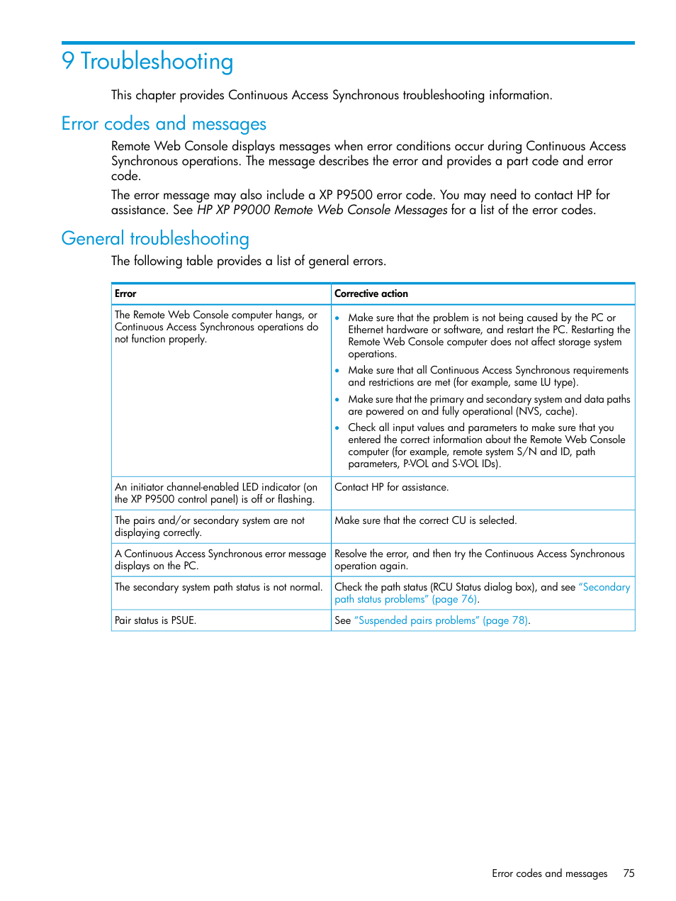 9 troubleshooting, Error codes and messages, General troubleshooting | Error codes and messages general troubleshooting | HP XP P9500 Storage User Manual | Page 75 / 131