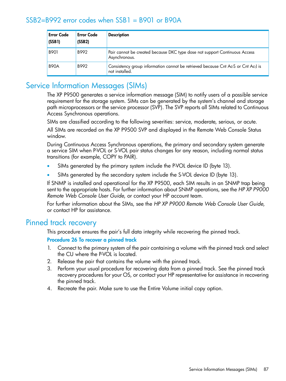 Ssb2=b992 error codes when ssb1 = b901 or b90a, Service information messages (sims), Pinned track recovery | HP XP P9500 Storage User Manual | Page 87 / 131