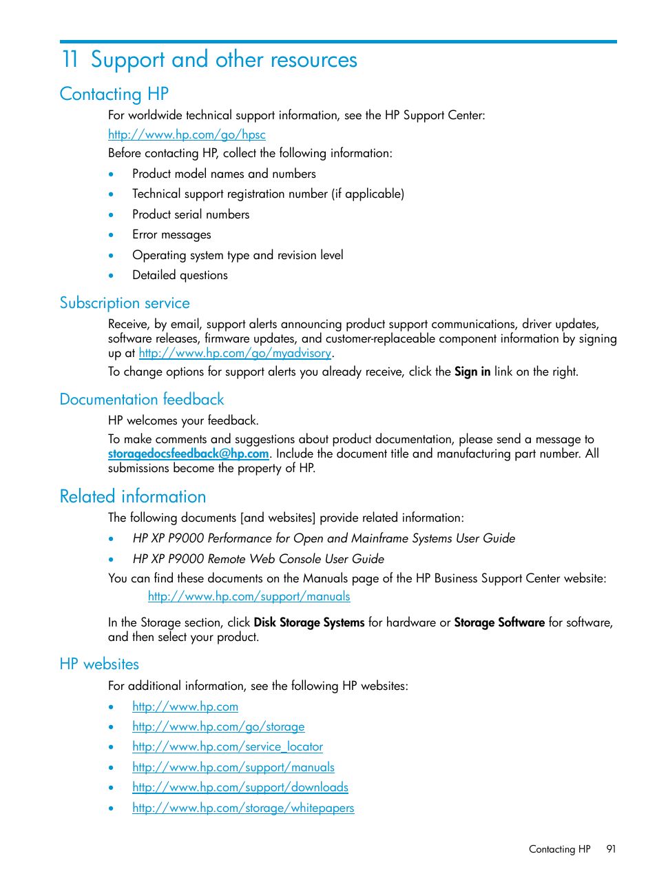 11 support and other resources, Contacting hp, Subscription service | Documentation feedback, Related information, Hp websites, Subscription service documentation feedback | HP XP P9500 Storage User Manual | Page 91 / 131