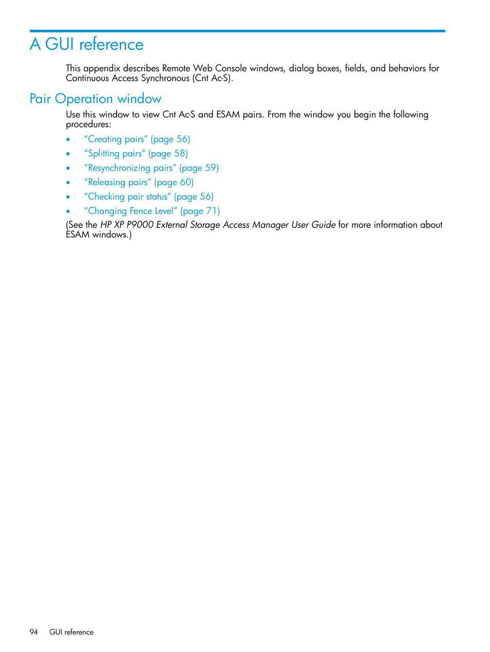 A gui reference, Pair operation window | HP XP P9500 Storage User Manual | Page 94 / 131