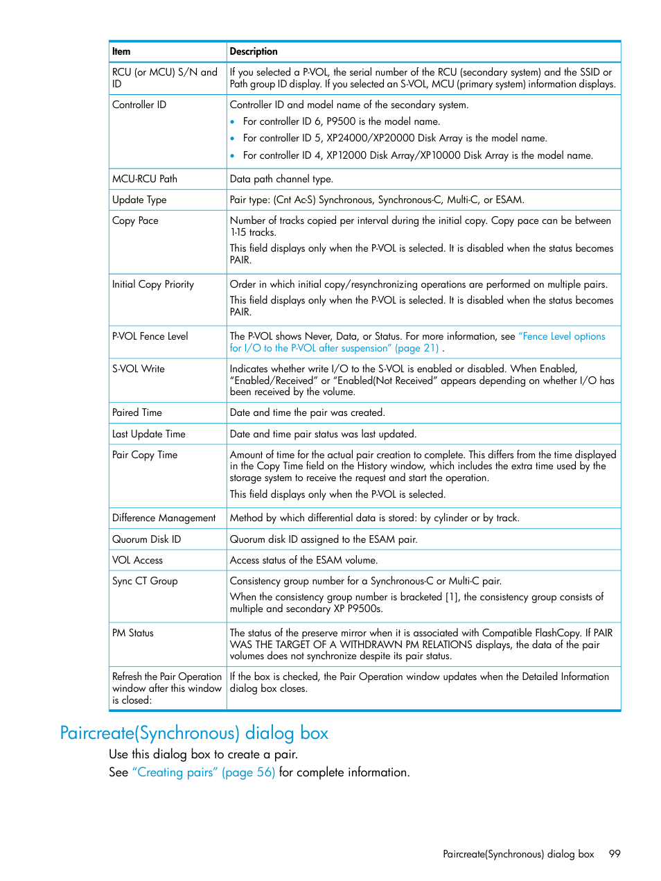 Paircreate(synchronous) dialog box | HP XP P9500 Storage User Manual | Page 99 / 131