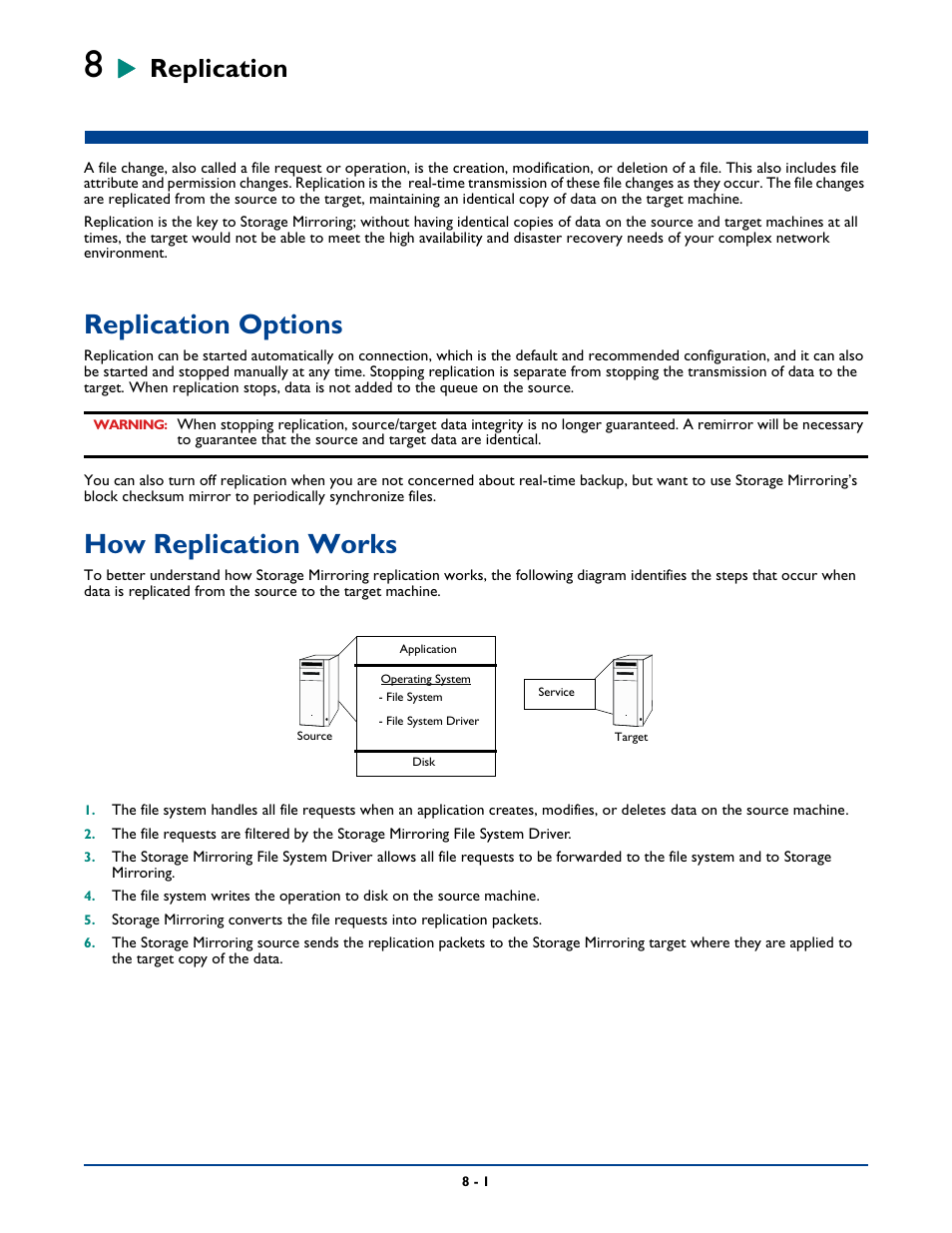 Replication, Replication options, How replication works | Chapter 8: replication -1, Replication options -1, How replication works -1 | HP Storage Mirroring Software User Manual | Page 100 / 339