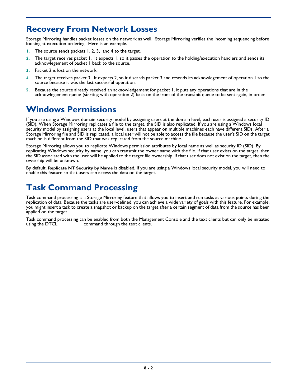 Recovery from network losses, Windows permissions, Task command processing | Recovery from network losses -2, Windows permissions -2, Task command processing -2 | HP Storage Mirroring Software User Manual | Page 101 / 339