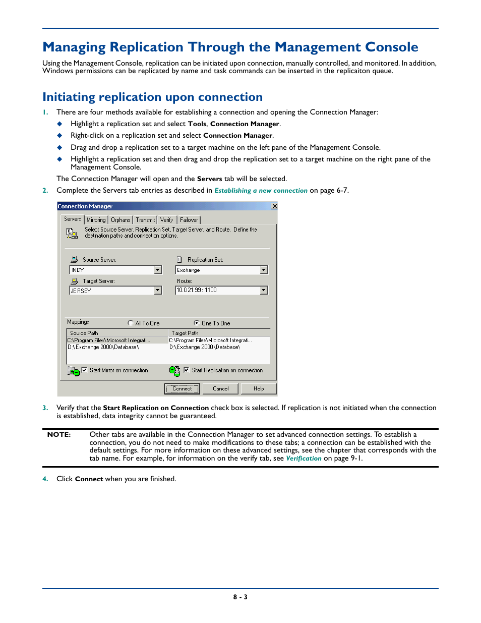 Initiating replication upon connection, Initiating replication upon connection -3 | HP Storage Mirroring Software User Manual | Page 102 / 339