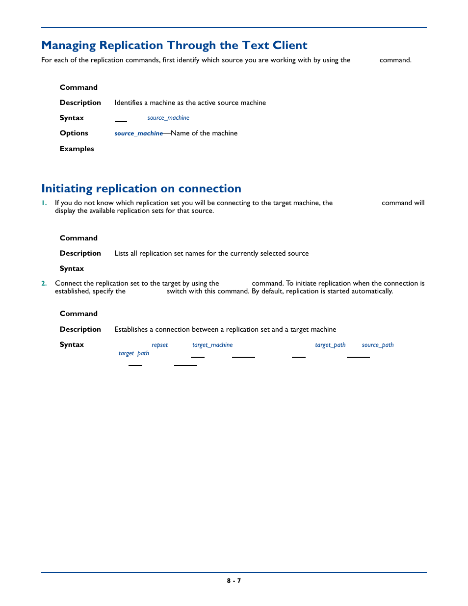 Managing replication through the text client, Initiating replication on connection, Managing replication through the text client -7 | Initiating replication on connection -7 | HP Storage Mirroring Software User Manual | Page 106 / 339