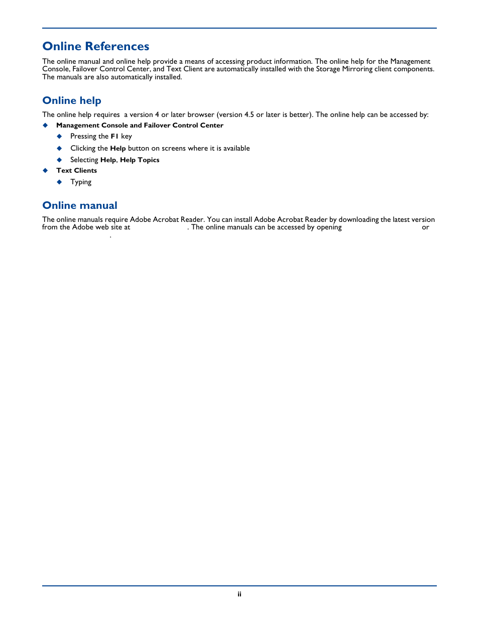 Online references, Online help, Online manual | HP Storage Mirroring Software User Manual | Page 11 / 339