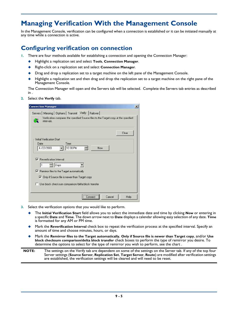 Managing verification with the management console, Configuring verification on connection, Configuring verification on connection -5 | HP Storage Mirroring Software User Manual | Page 117 / 339