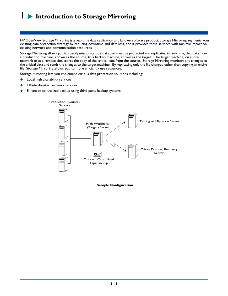 Introduction to storage mirroring, Chapter 1: introduction to storage mirroring -1 | HP Storage Mirroring Software User Manual | Page 12 / 339