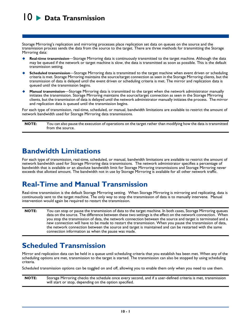 Data transmission, Bandwidth limitations, Real-time and manual transmission | Scheduled transmission, Chapter 10: data transmission -1, Bandwidth limitations -1, Real-time and manual transmission -1, Scheduled transmission -1 | HP Storage Mirroring Software User Manual | Page 125 / 339