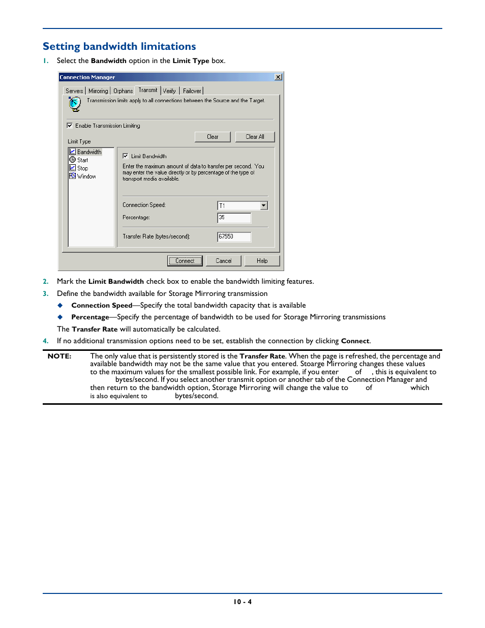 Setting bandwidth limitations | HP Storage Mirroring Software User Manual | Page 128 / 339