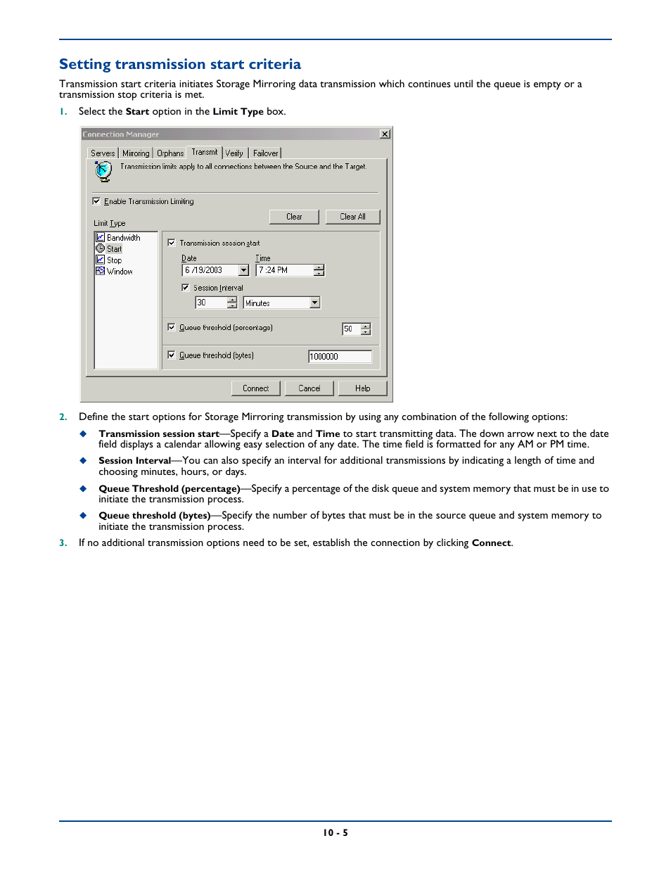 Setting transmission start criteria | HP Storage Mirroring Software User Manual | Page 129 / 339