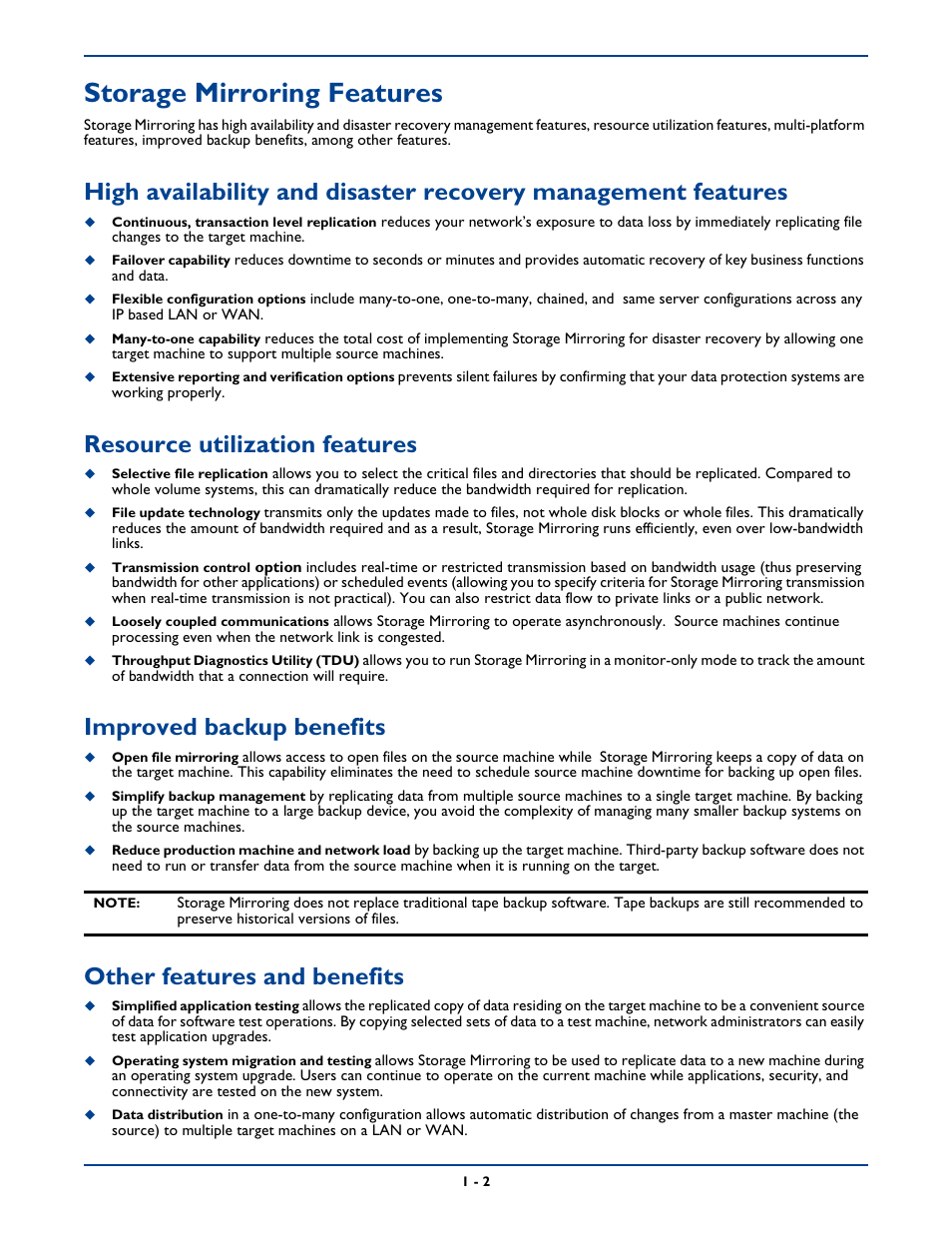 Storage mirroring features, Resource utilization features, Improved backup benefits | Other features and benefits, Storage mirroring features -2 | HP Storage Mirroring Software User Manual | Page 13 / 339