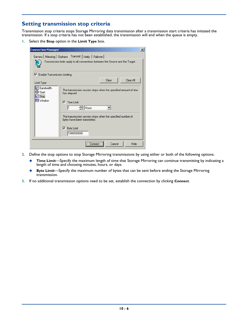 Setting transmission stop criteria | HP Storage Mirroring Software User Manual | Page 130 / 339