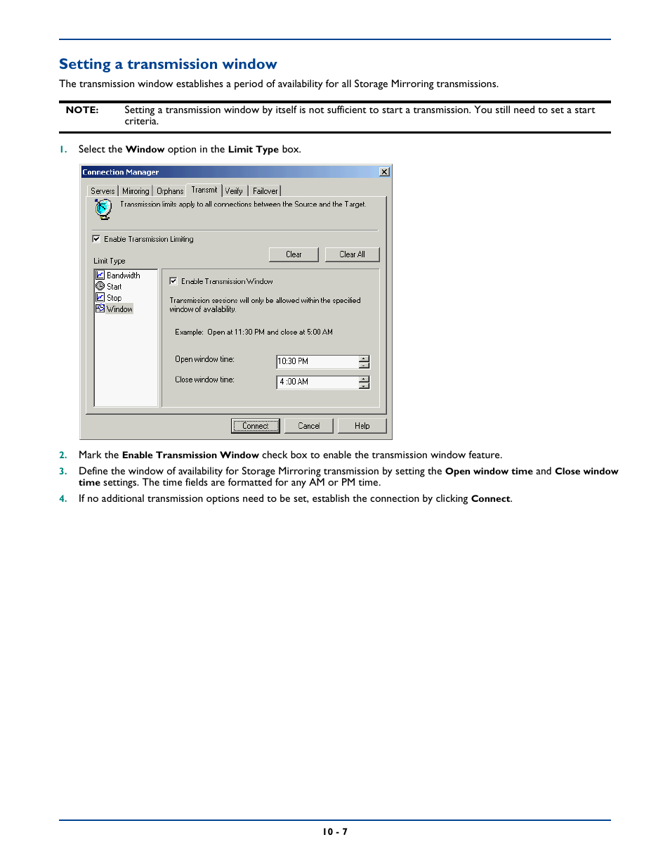 Setting a transmission window | HP Storage Mirroring Software User Manual | Page 131 / 339