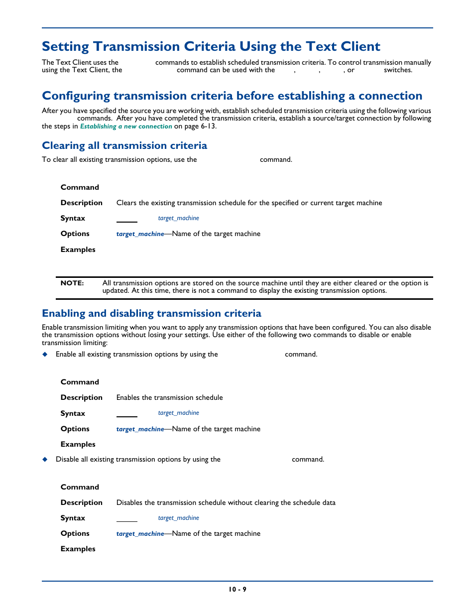 Clearing all transmission criteria, Enabling and disabling transmission criteria | HP Storage Mirroring Software User Manual | Page 133 / 339
