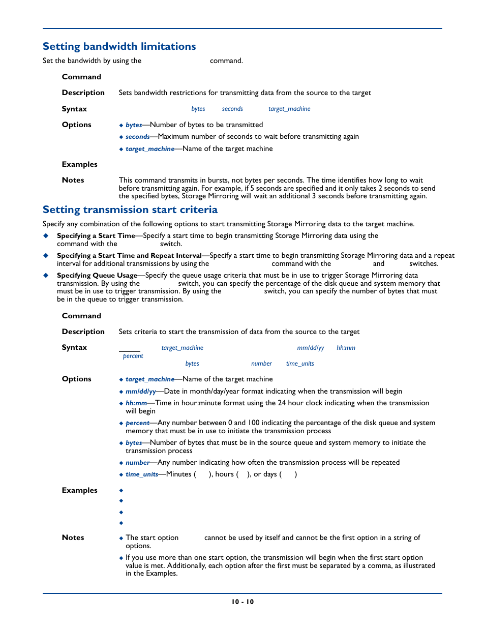 Setting bandwidth limitations, Setting transmission start criteria | HP Storage Mirroring Software User Manual | Page 134 / 339