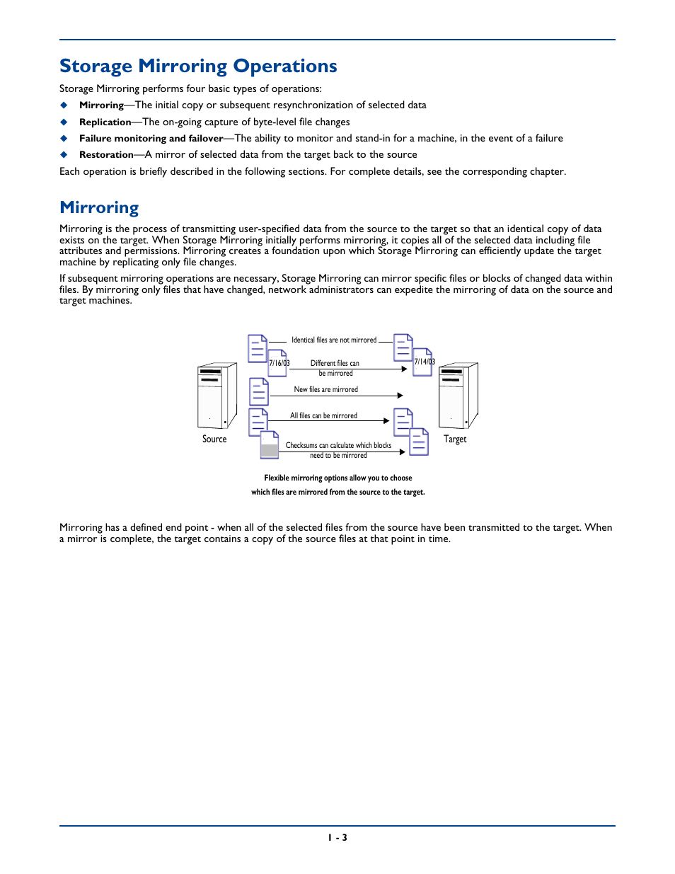 Storage mirroring operations, Mirroring, Storage mirroring operations -3 | Mirroring -3 | HP Storage Mirroring Software User Manual | Page 14 / 339