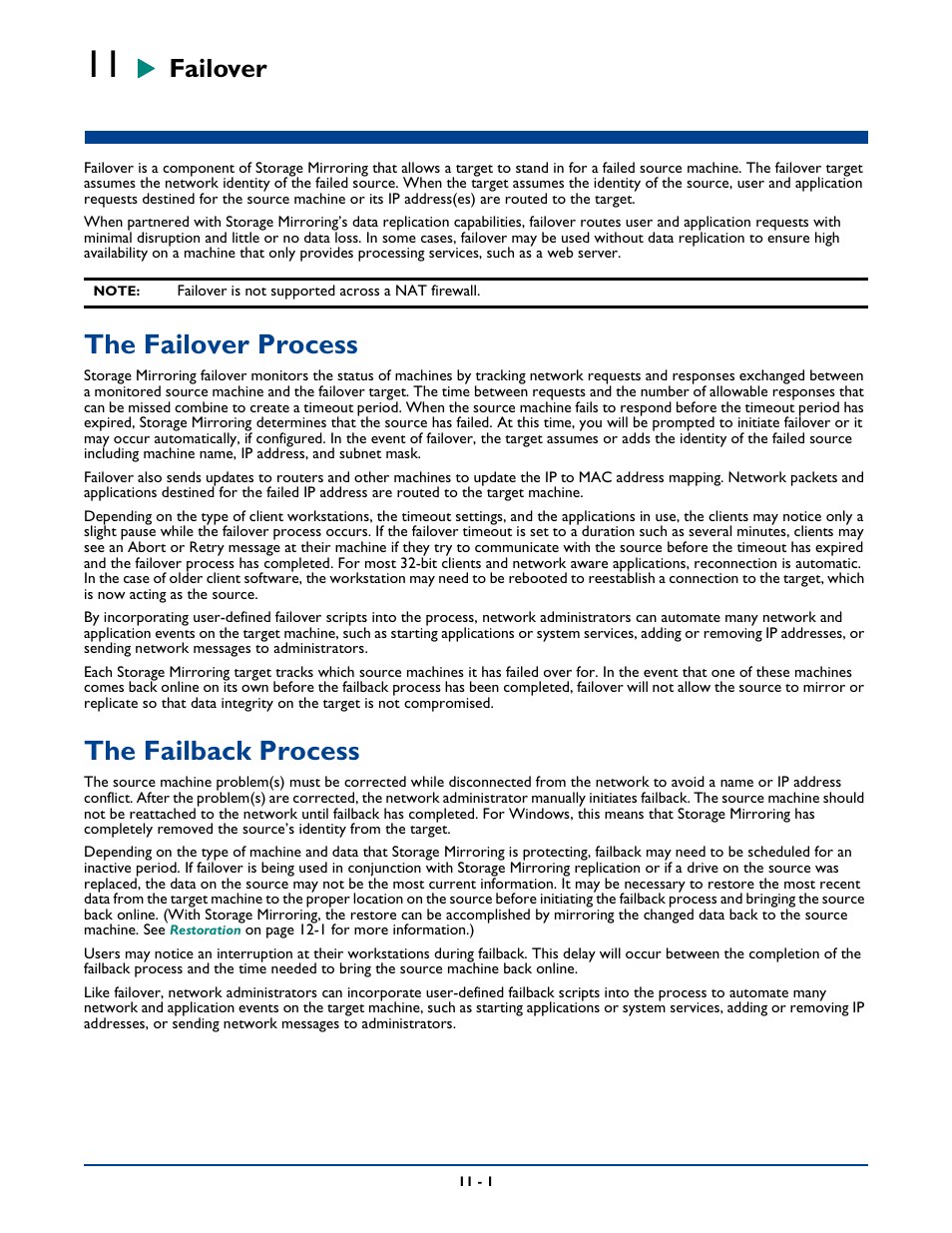 Failover, The failover process, The failback process | Chapter 11: failover -1, The failover process -1, The failback process -1 | HP Storage Mirroring Software User Manual | Page 140 / 339