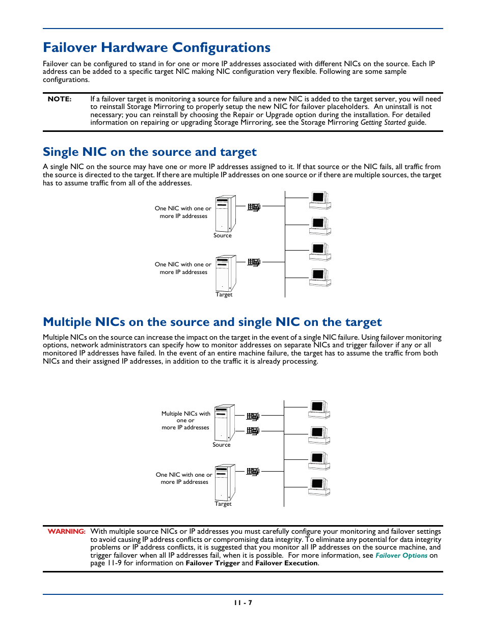 Failover hardware configurations, Single nic on the source and target, Failover hardware configurations -7 | HP Storage Mirroring Software User Manual | Page 146 / 339