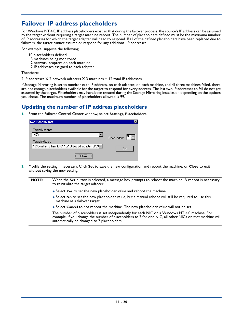Failover ip address placeholders, Failover ip address placeholders -20, Updating the number of ip address placeholders | HP Storage Mirroring Software User Manual | Page 159 / 339