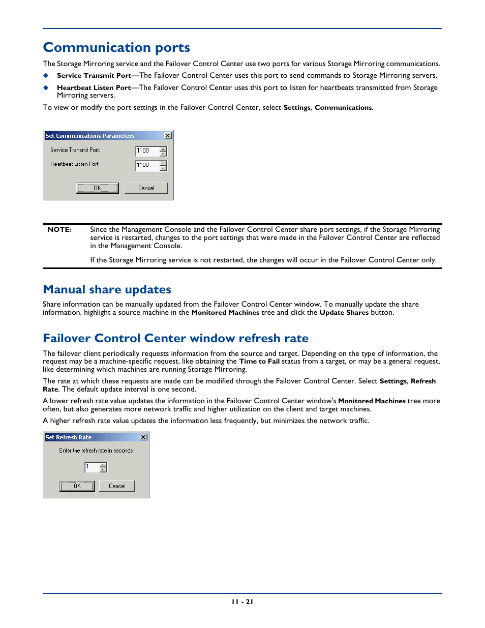Communication ports, Manual share updates, Failover control center window refresh rate | HP Storage Mirroring Software User Manual | Page 160 / 339