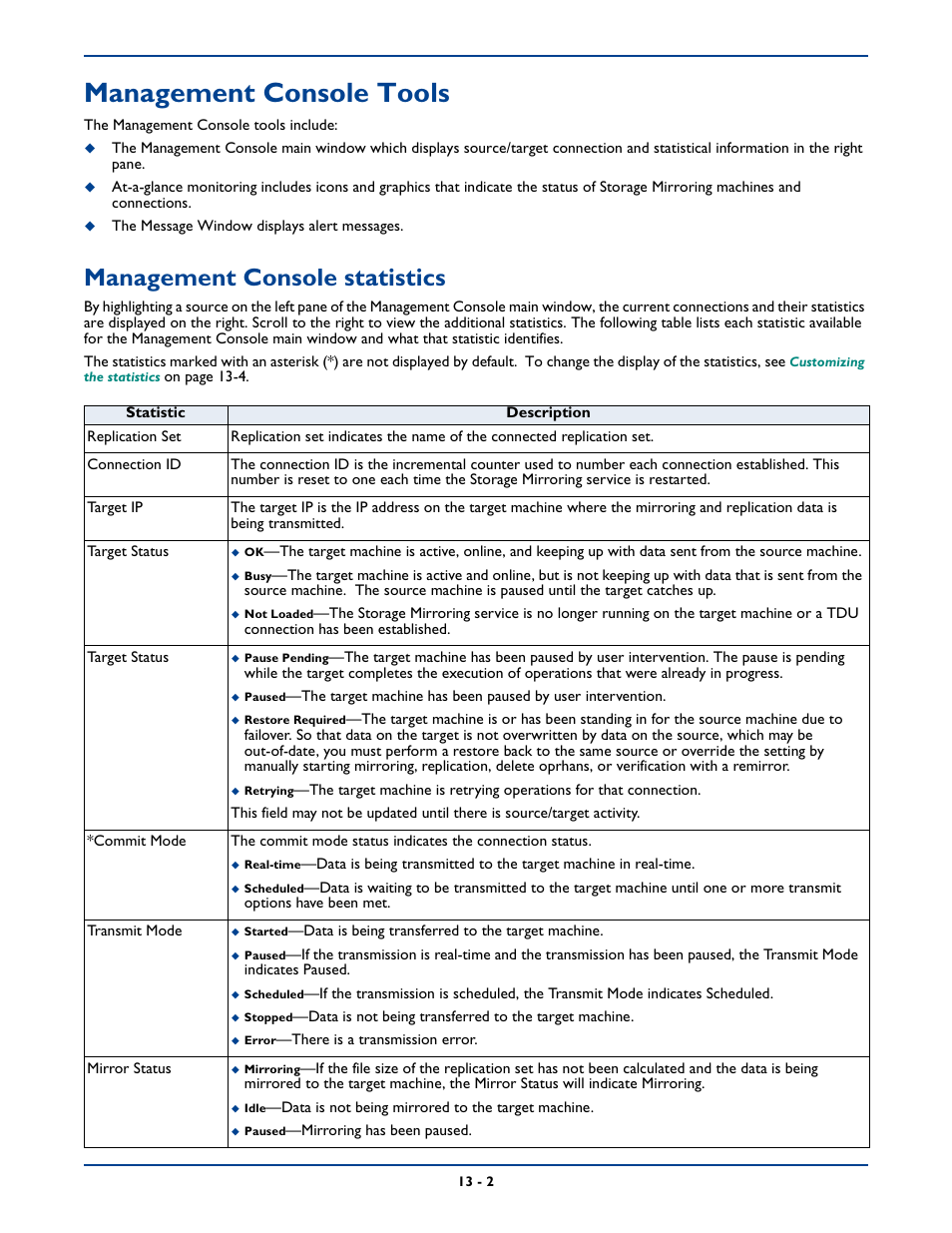 Management console tools, Management console statistics, Management console tools -2 | Management console statistics -2 | HP Storage Mirroring Software User Manual | Page 182 / 339