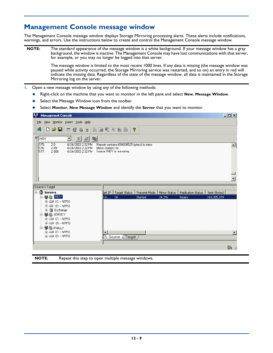 Management console message window, Management console message window -9 | HP Storage Mirroring Software User Manual | Page 189 / 339