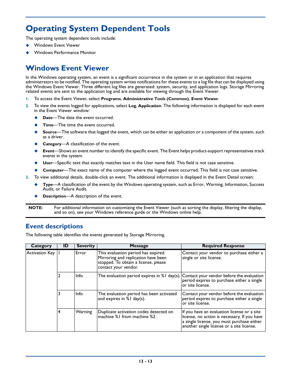 Operating system dependent tools, Windows event viewer, Operating system dependent tools -13 | Windows event viewer -13, Event descriptions | HP Storage Mirroring Software User Manual | Page 193 / 339