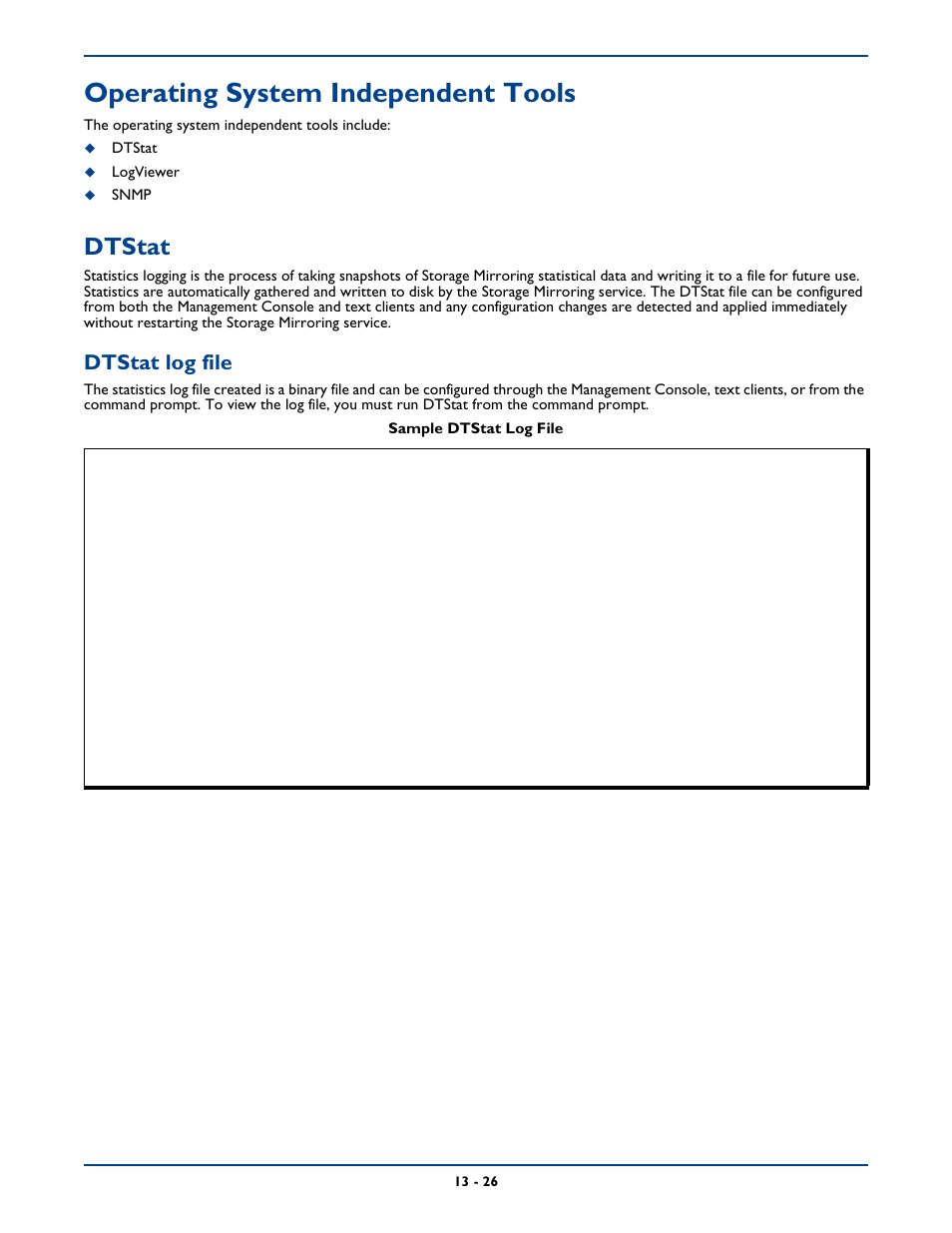 Operating system independent tools, Dtstat, Operating system independent tools -26 | Dtstat -26, Dtstat log file | HP Storage Mirroring Software User Manual | Page 206 / 339