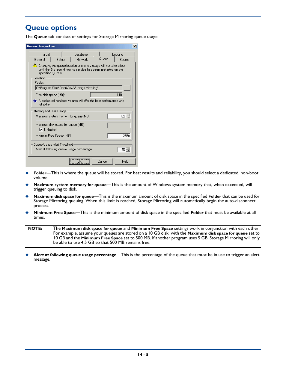 Queue options | HP Storage Mirroring Software User Manual | Page 231 / 339