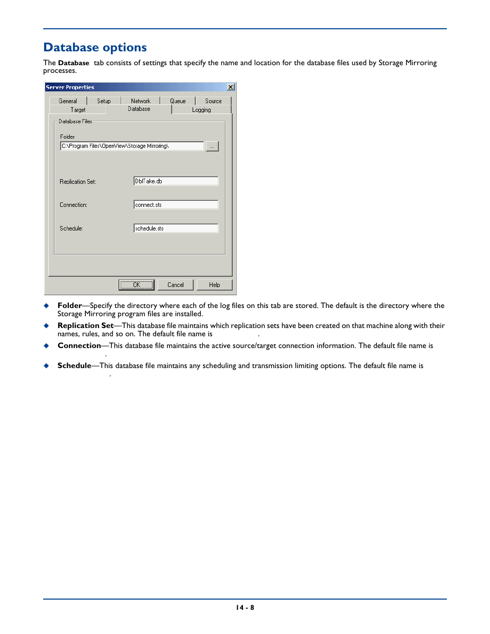 Database options, Database options -8 | HP Storage Mirroring Software User Manual | Page 234 / 339