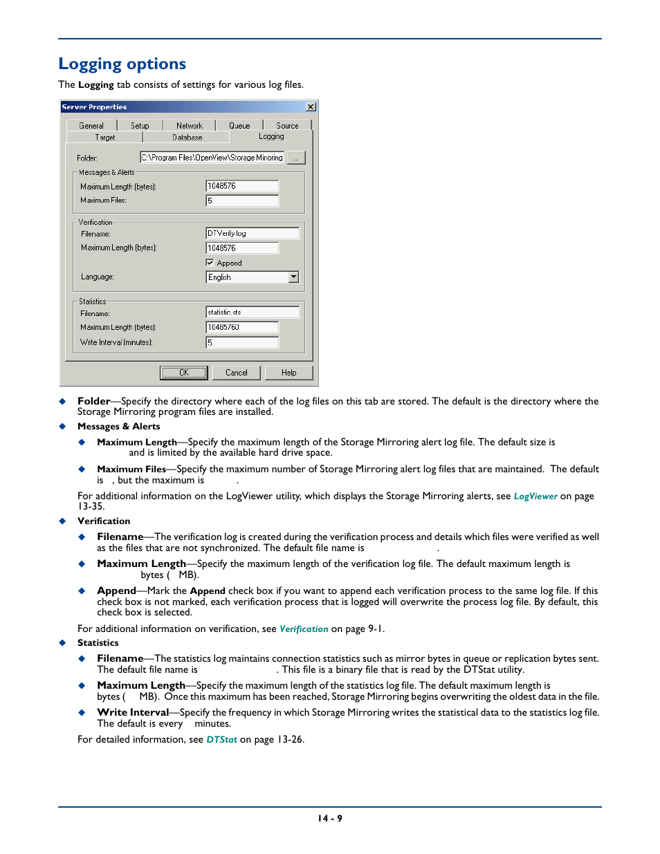 Logging options, Logging options -9 | HP Storage Mirroring Software User Manual | Page 235 / 339