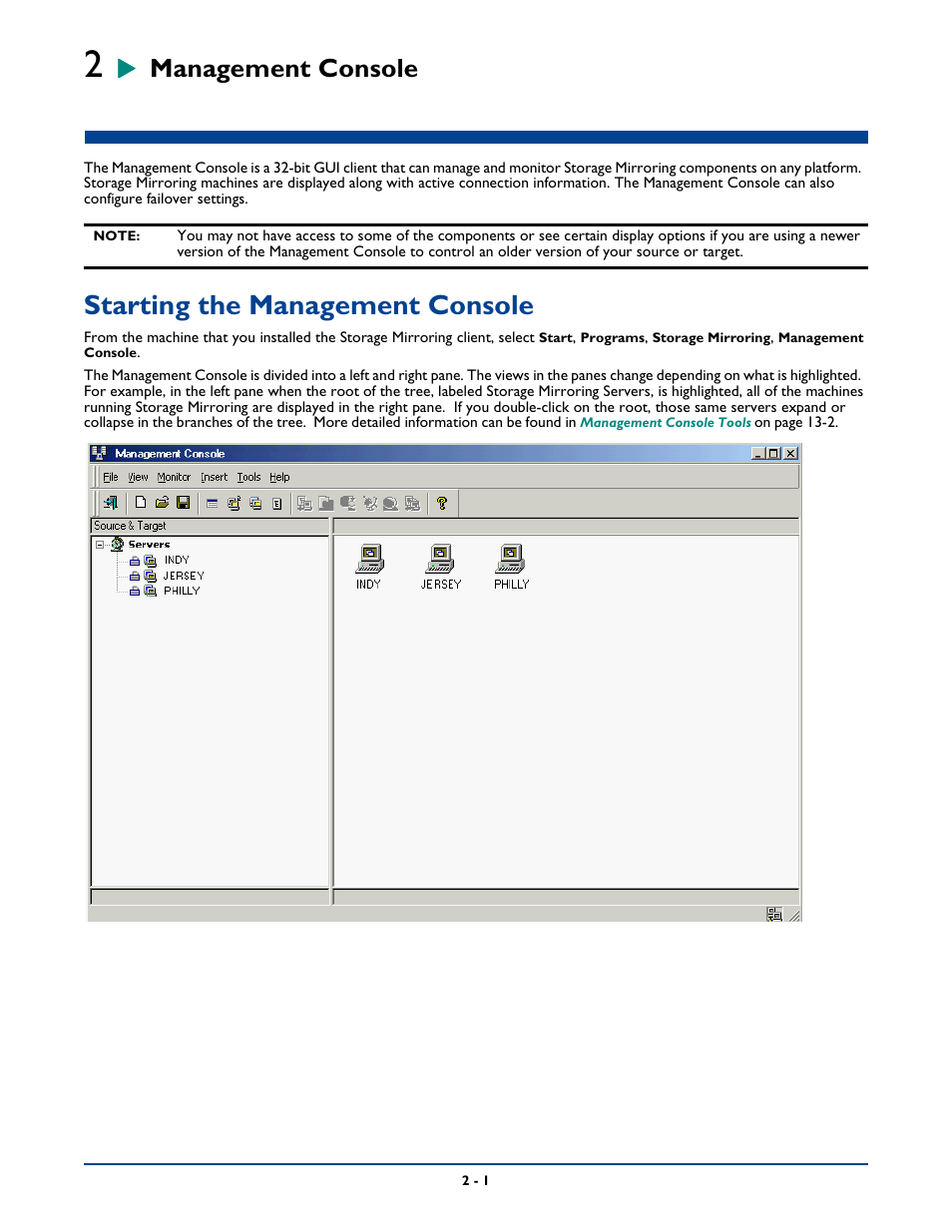 Management console, Starting the management console, Chapter 2: management console -1 | Starting the management console -1 | HP Storage Mirroring Software User Manual | Page 24 / 339