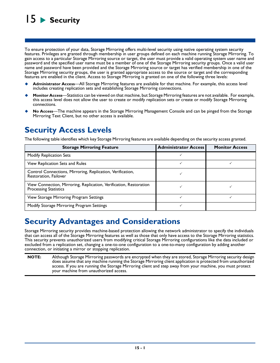 Security, Security access levels, Security advantages and considerations | Chapter 15: security -1, Security access levels -1, Security advantages and considerations -1 | HP Storage Mirroring Software User Manual | Page 256 / 339