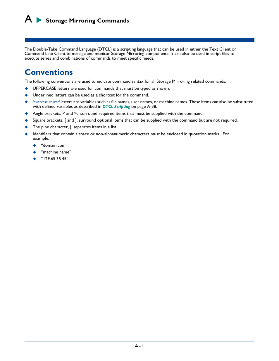 Storage mirroring commands, Conventions | HP Storage Mirroring Software User Manual | Page 264 / 339