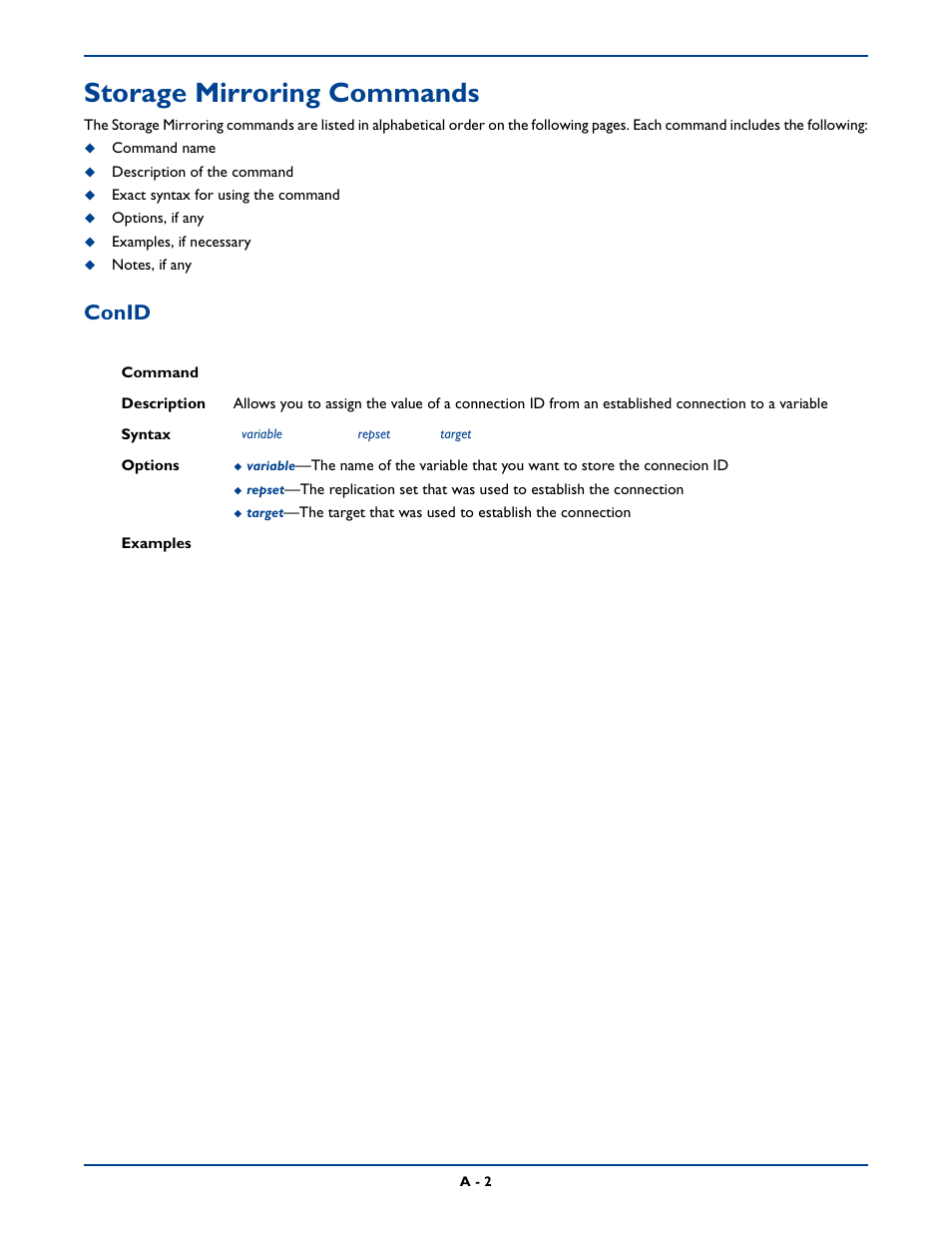 Storage mirroring commands, Conid | HP Storage Mirroring Software User Manual | Page 265 / 339