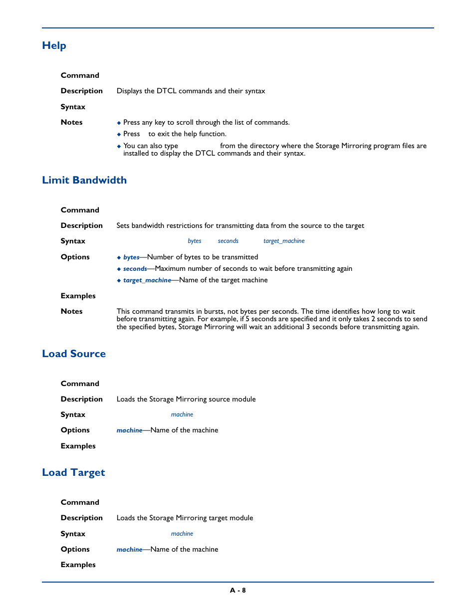 Help, Limit bandwidth, Load source | Load target, Help limit bandwidth load source | HP Storage Mirroring Software User Manual | Page 271 / 339