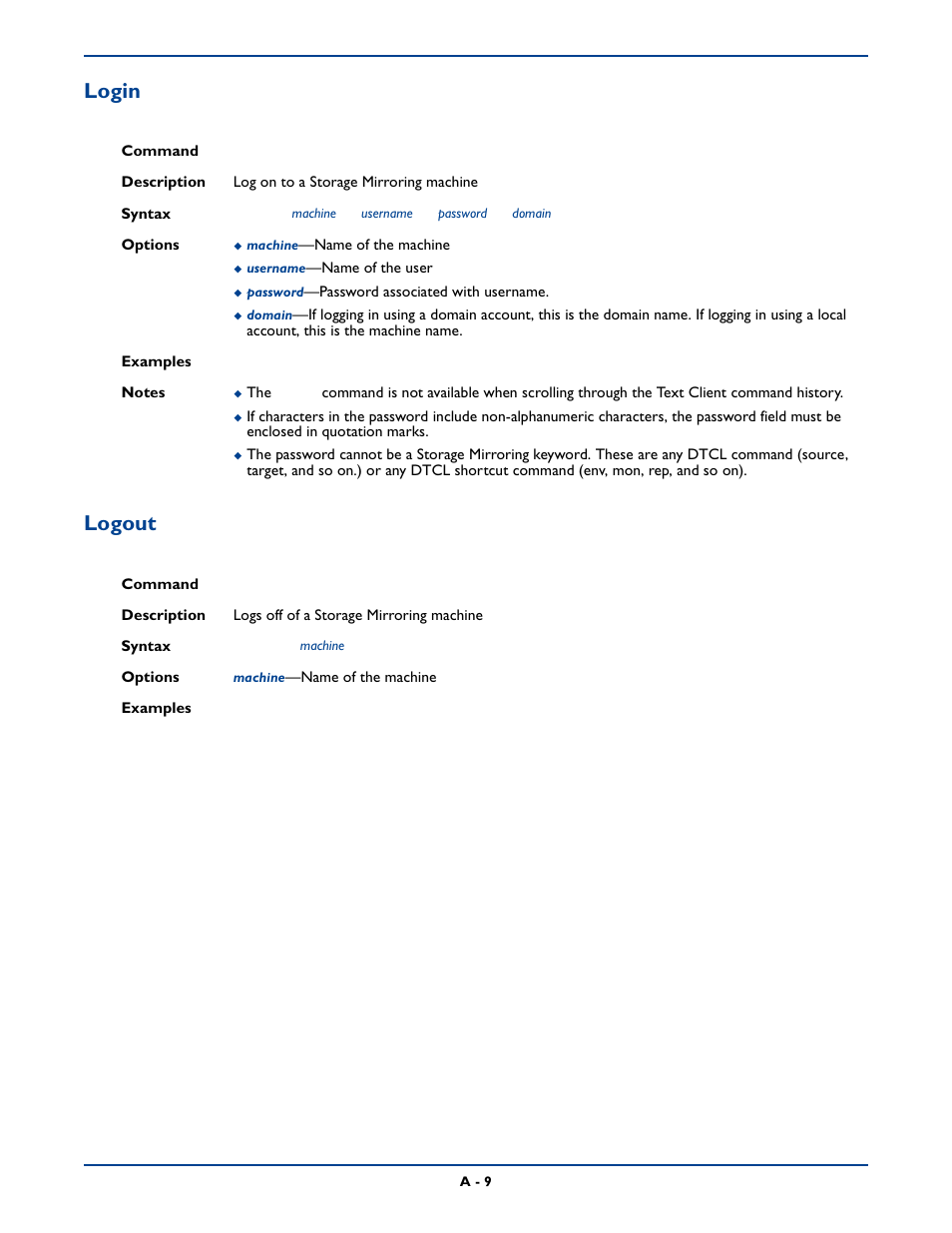 Login, Logout | HP Storage Mirroring Software User Manual | Page 272 / 339