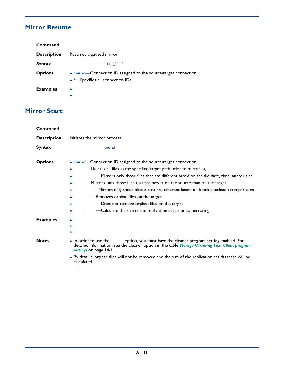 Mirror resume, Mirror start, Mirror resume mirror start | HP Storage Mirroring Software User Manual | Page 274 / 339